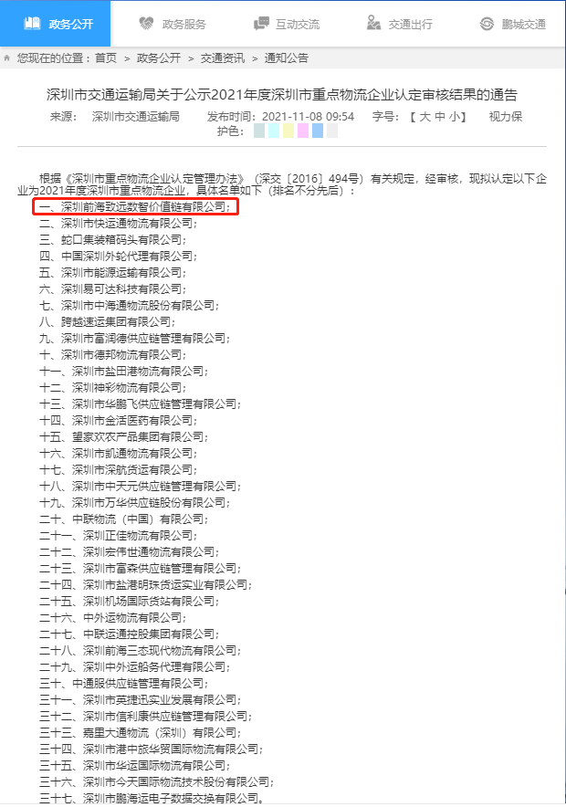 我司荣获2021年度深圳市重点物流企业